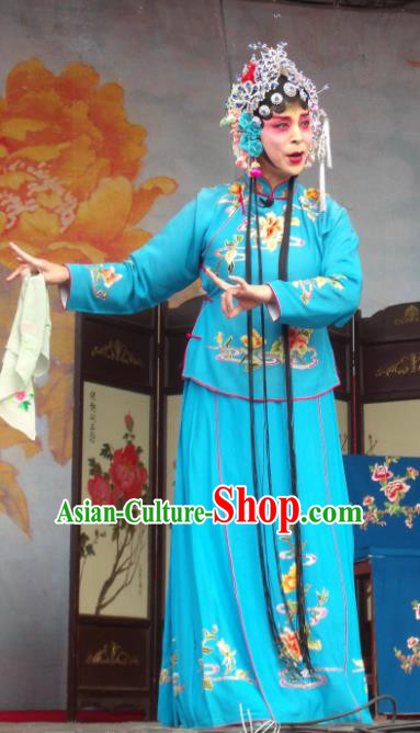 Chinese Henan Opera Young Female Gao Qiufang Garment Costumes and Headdress Feng Xue Pei Traditional Qu Opera Rich Lady Apparels Actress Blue Dress