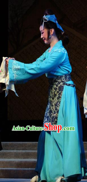 Chinese Shandong Opera Country Woman Garment Costumes and Headdress Hua Long Dian Jing Traditional Lu Opera Young Female Apparels Actress Si Niang Blue Dress