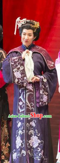 Chinese Henan Opera Noble Dame Wang Garment Costumes and Headdress Huang Ye Hong Lou Traditional Qu Opera Matron Apparels Elderly Female Dress