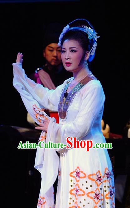 Chinese Shandong Opera Distress Maiden Si Niang Garment Costumes and Headdress Hua Long Dian Jing Traditional Lu Opera Actress Apparels Hostess Dress