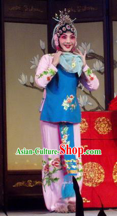 Chinese Henan Opera Maid Lady Qiu Xiang Garment Costumes and Headdress Pao Bian Jing Traditional Qu Opera Xiaodan Apparels Servant Girl Dress