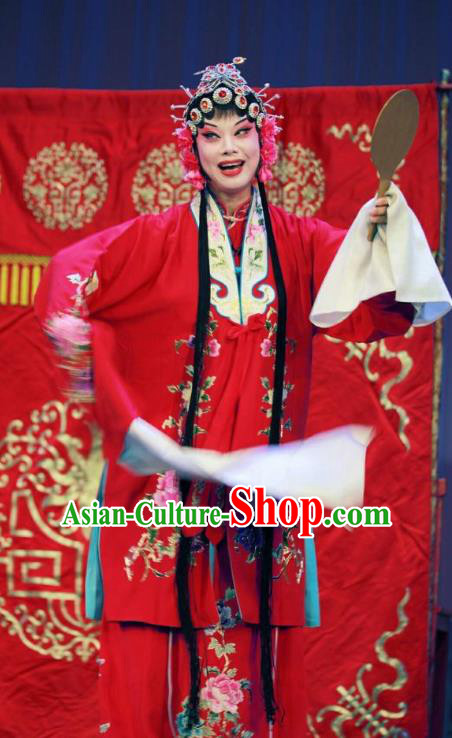 Chinese Shandong Opera Bride Garment Costumes and Headdress Zi Mei Yi Jia Traditional Lu Opera Diva Apparels Young Beauty Zhang Sumei Red Dress