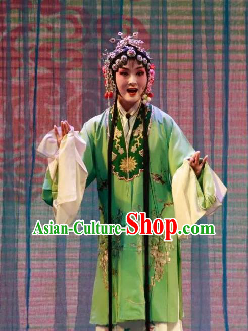Chinese Shandong Opera Diva Liang Saijin Garment Costumes and Headdress Long Feng Mian Traditional Lu Opera Hua Tan Apparels Young Beauty Green Dress