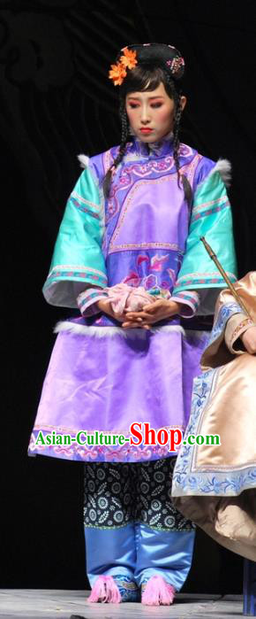 Chinese Beijing Opera Qing Dynasty Young Lady Garment Costumes and Headdress Under the Red Banner Traditional Qu Opera Xiaodan Apparels Actress Purple Dress