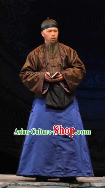 Under the Red Banner Chinese Qu Opera Adviser Apparels Costumes and Headpieces Traditional Beijing Opera Laosheng Garment Qing Dynasty Elderly Male Clothing
