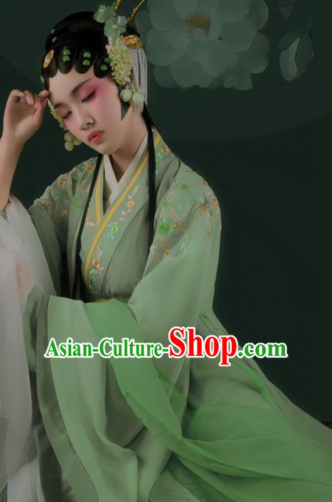 Chinese Drama Ancient Noble Female Green Dress Traditional Beijing Opera Hanfu Apparels Ming Dynasty Patrician Lady Historical Costumes and Headdress Complete Set