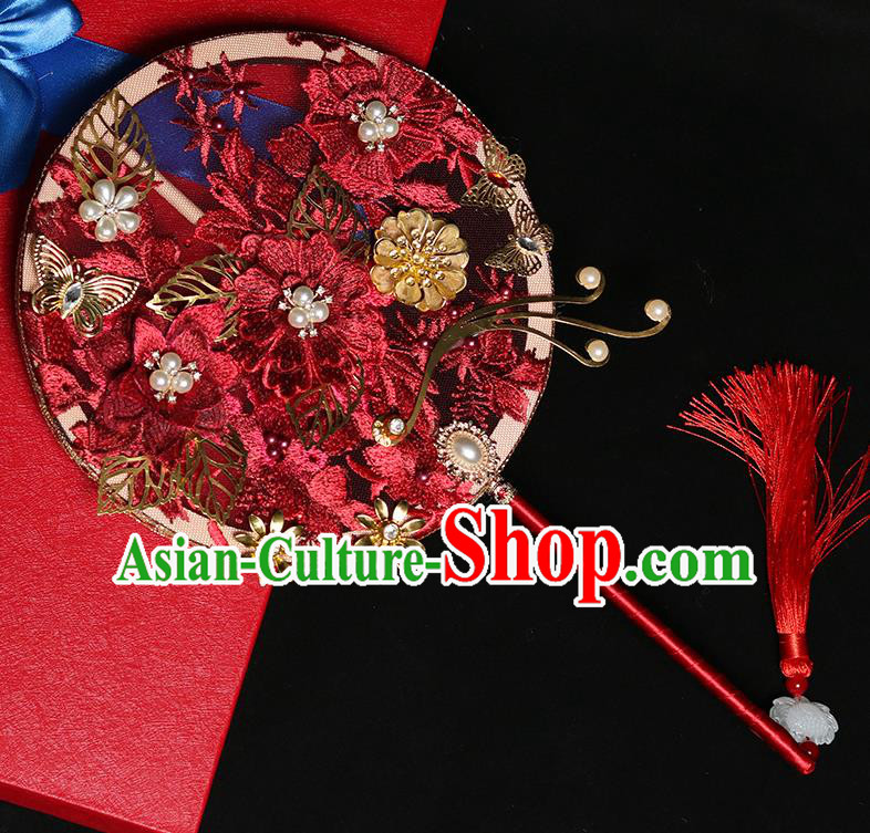 Chinese Handmade Bride Prop Traditional Hanfu Fan Ancient Wedding Round Fan Red Embroidered Palace Fan