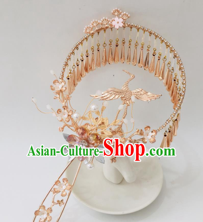 Chinese Handmade Bride Prop Traditional Tassel Hanfu Fan Ancient Wedding Round Fan Golden Crane Palace Fan