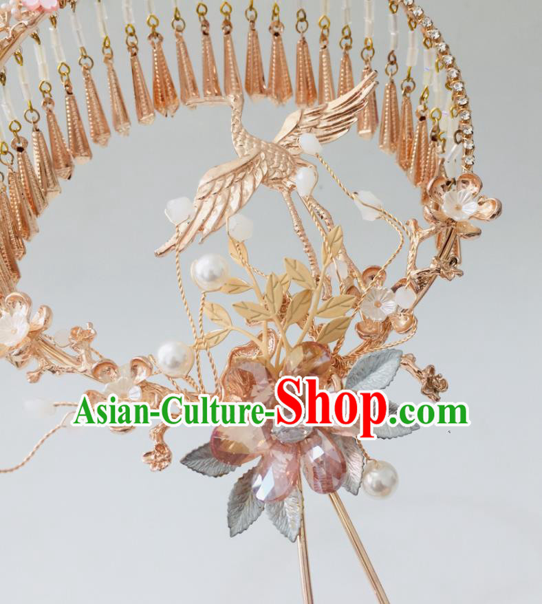 Chinese Handmade Bride Prop Traditional Tassel Hanfu Fan Ancient Wedding Round Fan Golden Crane Palace Fan