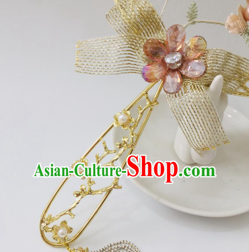 Chinese Ancient Wedding Bowknot Round Fan Palace Fan Handmade Bride Prop Traditional Golden Butterfly Hanfu Fan