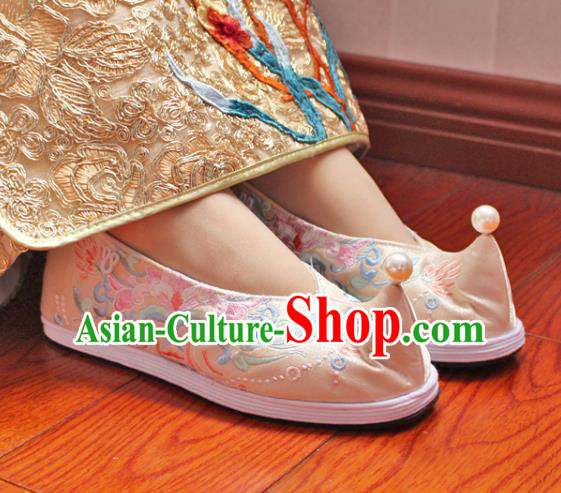 Chinese Traditional Embroidered Shoes Handmade Cloth Shoes Hanfu Shoes Ancient Princess Pearls Become Warped Head Shoes for Women