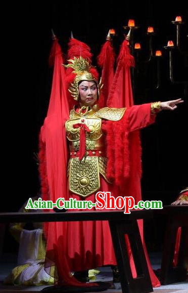 Chinese Han Opera Female General Garment Costumes and Headdress You Meng Yi Guan Traditional Hubei Hanchu Opera Martial Woman Apparels Armor Dress