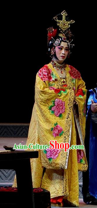 Chinese Han Opera Noble Female Garment Costumes and Headdress You Meng Yi Guan Traditional Hubei Hanchu Opera Hua Tan Apparels Empress Fan Dress
