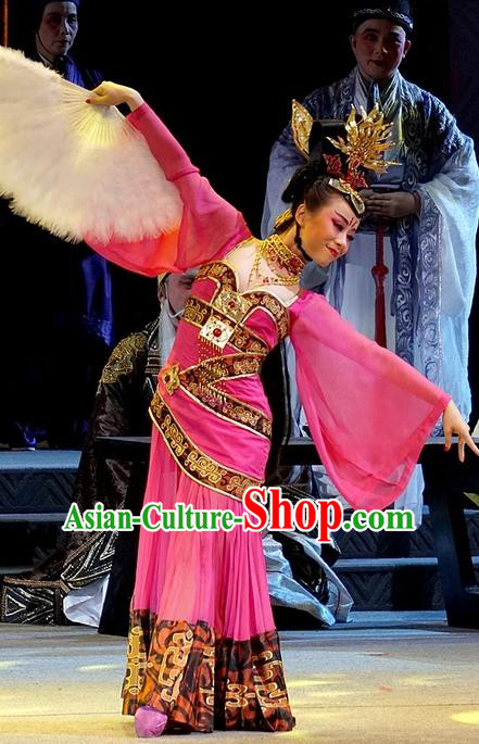 Chinese Han Opera Actress Garment Costumes and Headdress You Meng Yi Guan Traditional Hubei Hanchu Opera Hua Tan Apparels Dance Lady Rosy Dress