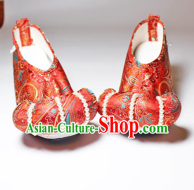 Chinese Traditional Handmade Red Satin Pearls Shoes Women Hanfu Shoes Ancient Princess Shoes Embroidered Shoes