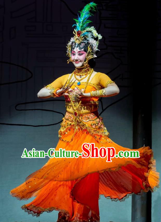 Chinese Han Opera Dance Lady Garment Ni Chang Chang Ge Costumes and Headdress Traditional Hubei Hanchu Opera Hua Tan Apparels Young Beauty Orange Dress