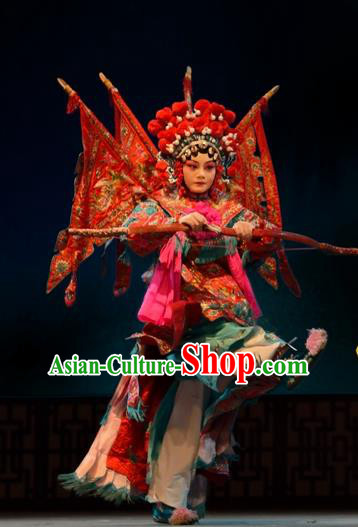 Chinese Han Opera Tao Ma Tan Garment Ni Chang Chang Ge Costumes and Headdress Traditional Hubei Hanchu Opera Female General Zhong Wuyan Apparels Red Kao Dress with Flags