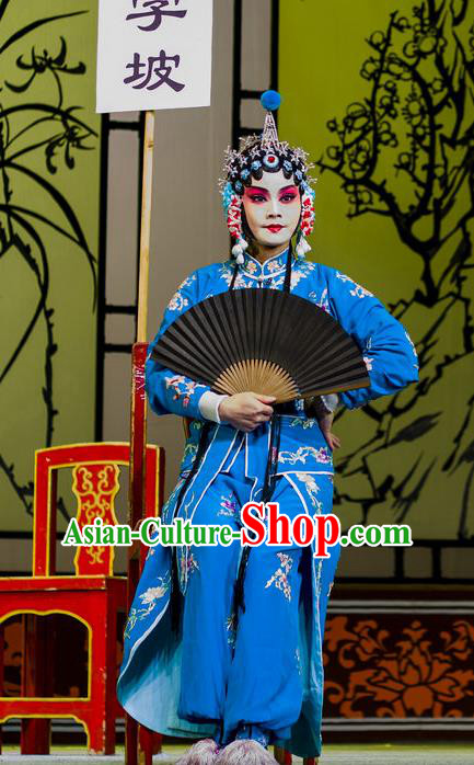 Chinese Han Opera Diva Sun Erniang Garment Wu Song Da Dian Costumes and Headdress Traditional Hubei Hanchu Opera Young Woman Apparels Actress Blue Dress