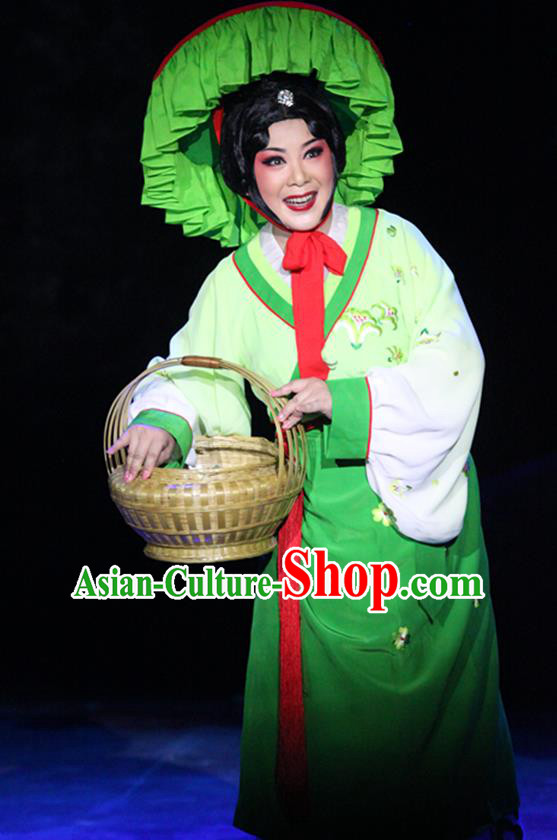 Chinese Han Opera Hua Tan Garment Legend of Meng Jiangnv Costumes and Headdress Traditional Hubei Hanchu Opera Country Woman Apparels Diva Green Dress