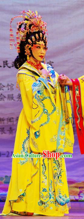 Chinese Cantonese Opera Actress Yang Yuhuan Garment The Long Regret Costumes and Headdress Traditional Guangdong Opera Imperial Concubine Apparels Hua Tan Yellow Dress