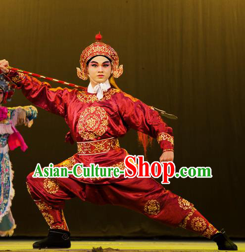 Hu Jia Zhuang Chinese Hubei Hanchu Opera Martial Male Apparels Costumes and Headpieces Traditional Han Opera Swordsman Garment Wusheng Hua Rong Clothing