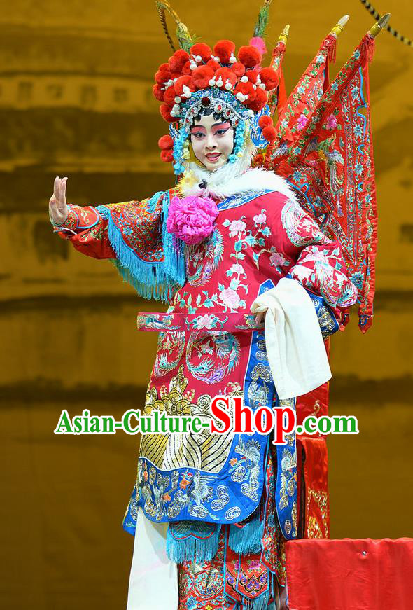 Chinese Han Opera Female General Red Kao Garment Mu Ke Zhai Costumes and Headdress Traditional Hubei Hanchu Opera Mu Guiying Apparels Tao Ma Tan Red Dress