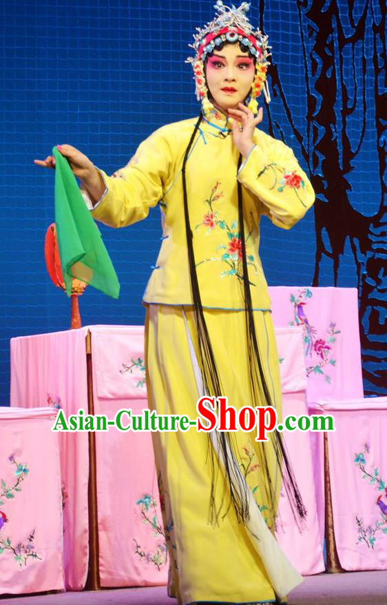 Chinese Han Opera Diva Chen Caifeng Garment Hua Deng An Costumes and Headdress Traditional Hubei Hanchu Opera Hua Tan Apparels Young Beauty Yellow Dress