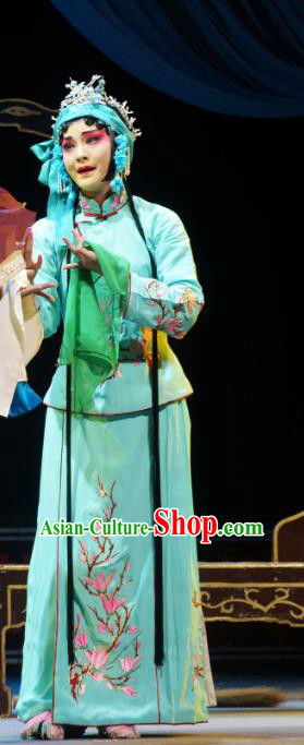 Chinese Han Opera Actress Chen Caifeng Garment Hua Deng An Costumes and Headdress Traditional Hubei Hanchu Opera Hua Tan Apparels Young Beauty Green Dress