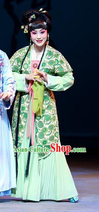 Chinese Han Opera Young Female Garment Jin Lian Costumes and Headdress Traditional Hubei Hanchu Opera Actress Apparels Green Dress