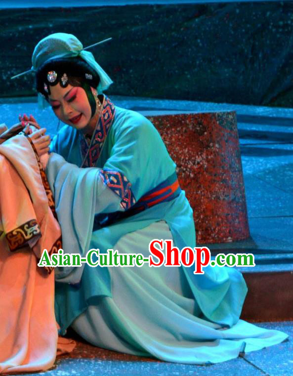 Chinese Han Opera Country Woman Garment Butterfly Dream Costumes and Headdress Traditional Hubei Hanchu Opera Young Female Apparels Blue Dress