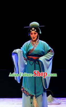 Chinese Han Opera Country Woman Garment Butterfly Dream Costumes and Headdress Traditional Hubei Hanchu Opera Young Female Apparels Blue Dress
