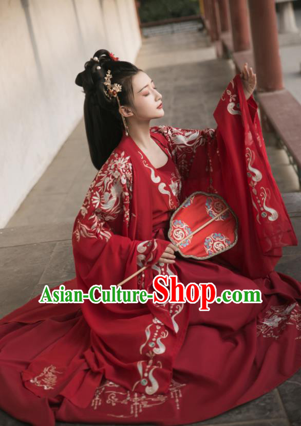 Chinese Ancient Royal Princess Red Dress Traditional Wedding Hanfu Apparels Tang Dynasty Historical Costumes and Headdress Complete Set