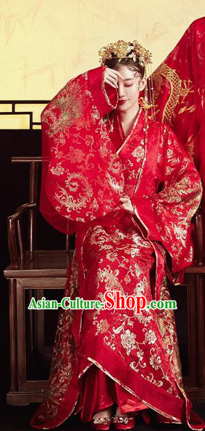 Chinese Ancient Bride Red Dress Traditional Hanfu Apparels Han Dynasty Princess Wedding Historical Costumes and Headdress Complete Set for Women