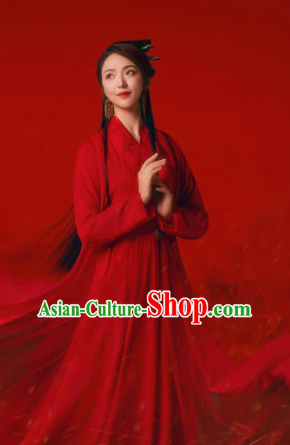 Chinese Traditional Tang Dynasty Female Swordsman Red Hanfu Dress Apparels Ancient Young Lady Historical Costumes and Headpieces Complete Set