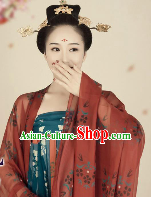 Chinese Traditional Tang Dynasty Imperial Concubine Hanfu Dress Apparels Ancient Noble Female Historical Costumes and Headwear Complete Set
