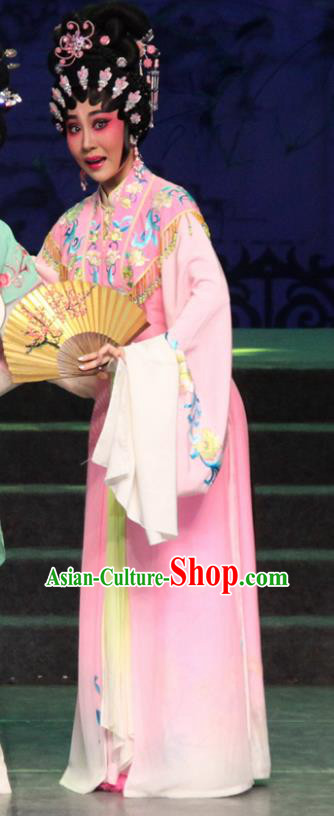 Chinese Cantonese Opera Diva Garment The Peony Pavilion Costumes and Headdress Traditional Guangdong Opera Hua Tan Apparels Rich Lady Du Liniang Pink Dress