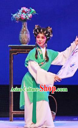 Chinese Cantonese Opera Maid Lady Garment The Peony Pavilion Costumes and Headdress Traditional Guangdong Opera Xiaodan Apparels Chun Xiang Green Dress