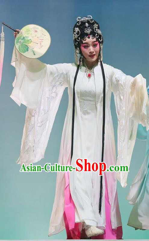 Chinese Cantonese Opera Diva Bai Suzhen Garment The Fairy Tale of White Snake Costumes and Headdress Traditional Guangdong Opera Young Beauty Apparels Hua Tan Dress