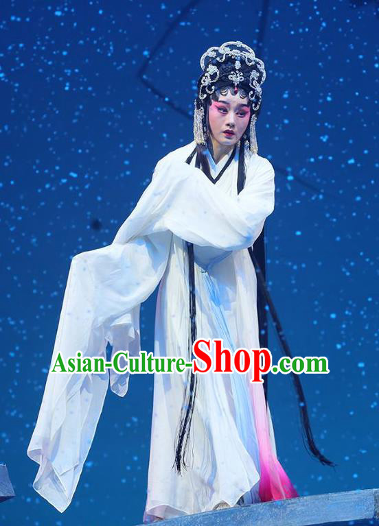 Chinese Cantonese Opera Young Woman Garment The Fairy Tale of White Snake Costumes and Headdress Traditional Guangdong Opera Hua Tan Apparels Diva Bai Suzhen Dress