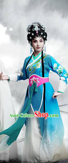 Chinese Cantonese Opera Young Lady Garment The Fairy Tale of White Snake Costumes and Headdress Traditional Guangdong Opera Xiaodan Apparels Diva Xiao Qing Blue Dress