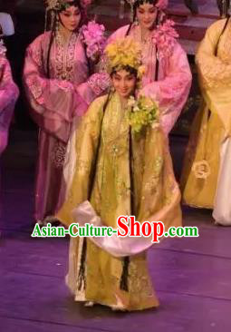 Chinese Cantonese Opera Actress Garment Hua Yue Ying Costumes and Headdress Traditional Guangdong Opera Hua Tan Du Caiwei Apparels Young Beauty Dress
