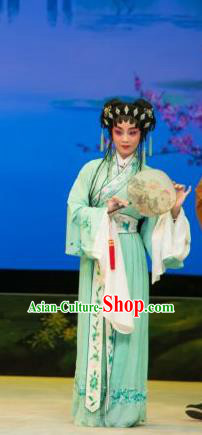 Chinese Cantonese Opera Young Lady Garment The Fairy Tale of White Snake Costumes and Headdress Traditional Guangdong Opera Xiaodan Apparels Xiao Qing Green Dress