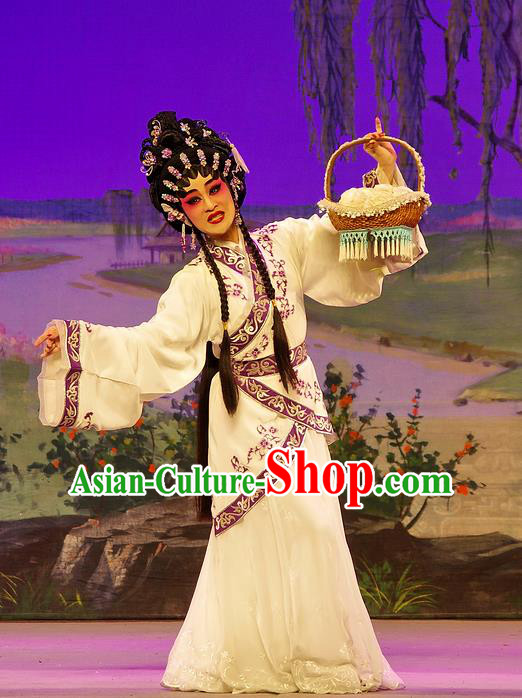 Chinese Cantonese Opera Village Girl Garment Costumes and Headdress Traditional Guangdong Opera Young Beauty Apparels Hua Tan Xi Shi Dress