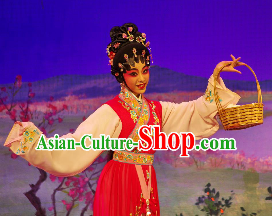 Chinese Cantonese Opera Hua Tan Garment Costumes and Headdress Traditional Guangdong Opera Young Beauty Apparels Village Girl Red Dress