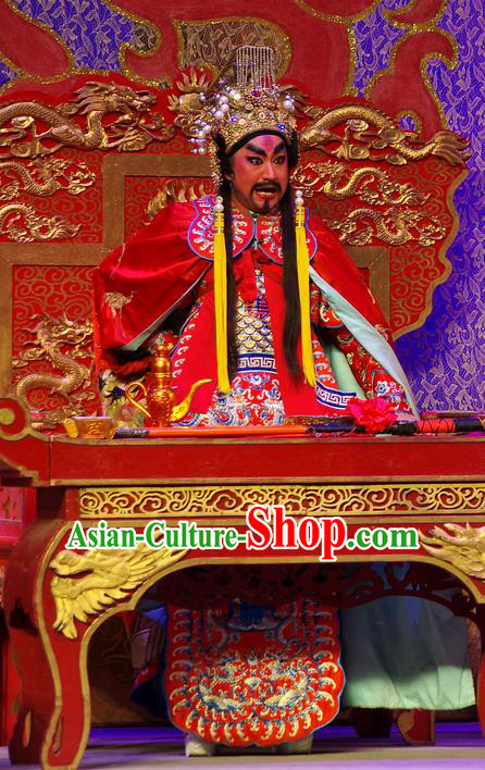 Chinese Guangdong Opera Monarch Red Armor Apparels Costumes and Headpieces Traditional Cantonese Opera King of Wu Garment Duke Fuchai Clothing
