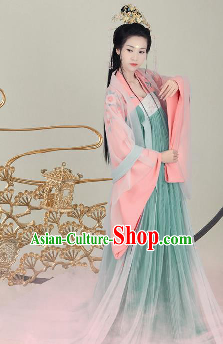 Chinese Traditional Tang Dynasty Royal Princess Hanfu Dress Apparels Ancient Palace Lady Historical Costumes and Headpieces Complete Set