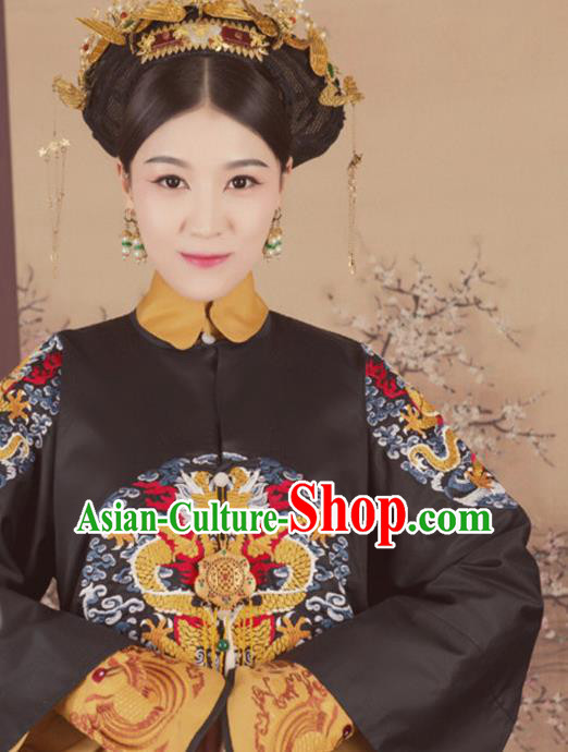 Chinese Traditional Qing Dynasty Imperial Consort Hanfu Dress Apparels Ancient Manchu Palace Empress Historical Costumes and Headdress Complete Set