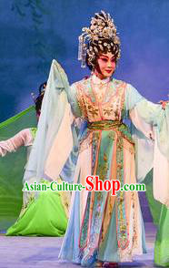 Chinese Cantonese Opera Hua Tan Xi Shi Garment Costumes and Headdress Traditional Guangdong Opera Hua Tan Apparels Empress Blue Dress