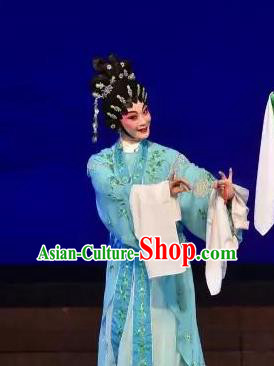 Chinese Cantonese Opera Diva Xi Shi Garment Costumes and Headdress Traditional Guangdong Opera Hua Tan Apparels Young Beauty Blue Dress