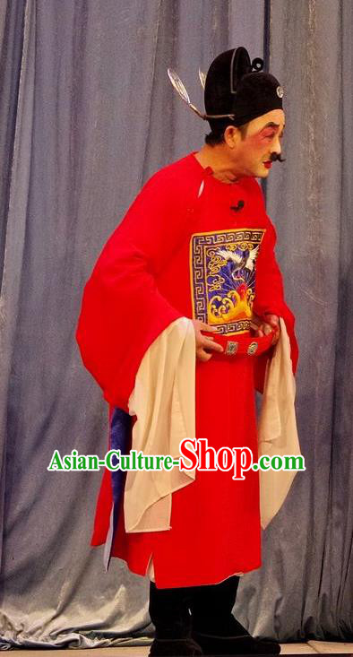 Qian Tang Su Xiaoxiao Chinese Guangdong Opera Magistrate Apparels Costumes and Headpieces Traditional Cantonese Opera Clown Garment Official Red Clothing
